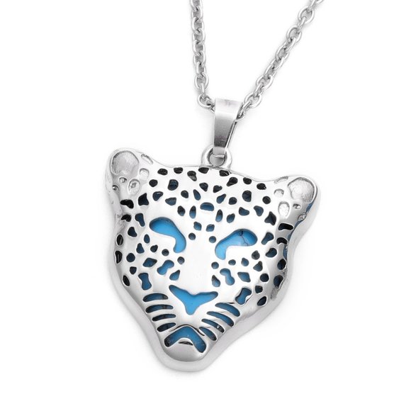 🐆 Leopard Pendant + 20" Necklace + Bracelet, Blue Howlite. - Picture 2 of 6